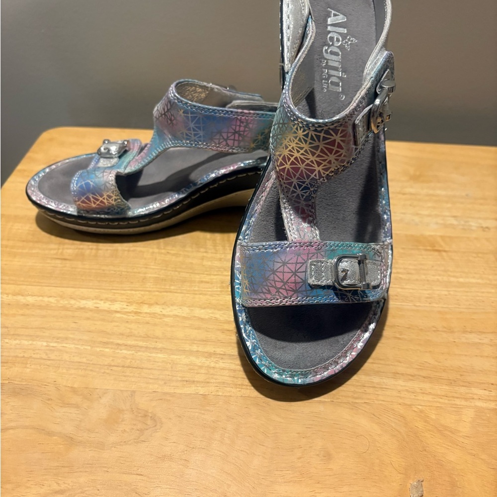 Alegria Silver and Black Wedge Sandals